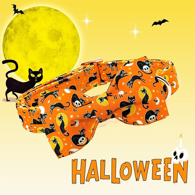 Lionheart glory Fall Dog Collar with Bowtie Halloween Cat Print Dog Collars Bow Tie Heavy Soft Adjustable Collar for Small Dogs Girl/Boy Dog Bow Collar Holiday Pet Gift