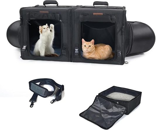 Cat Travel Carrier with Litter Box 2-in-1 Portable Double Cat Carriers for 2 Cats and Pet Shelter Ideal for Multiple Cats Soft Foldable Design with Shoulder Strap