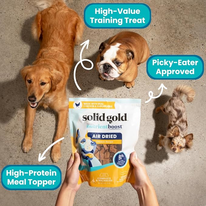 Solid Gold Air Dried Dog Food Toppers for Picky Eaters - Healthy Dog Treats Made with Real Chicken to Serve as Meal Topper or Dog Treat - Supports Muscle Growth, Immunity, and Healthy Digestion - 2 LB