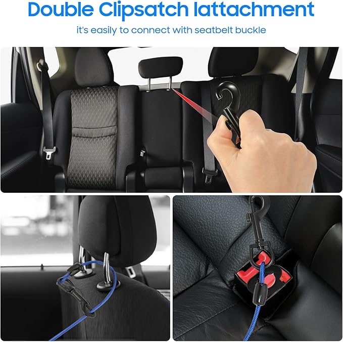 Dog Car Harnesses, Dog Seatbelt of Coated Wire Leash Safety Restraint, No Chew Tether Cable Vehicle Dog Accessories, Double Clips & Latch Attachment (Blue, 24 inch/60 cm)