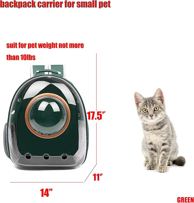 Cat Bubble Backpack Carriers Mesh Breathable Bag for Pet Skinny Small Cat Puppy Weight Under About 10 lb with Clear Window and Holes (Green)