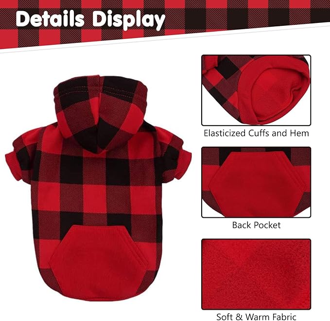 KOOLTAIL Plaid Dog Hoodie Pet Clothes Sweater with Hat and Pocket for Small Medium Large Size Dogs