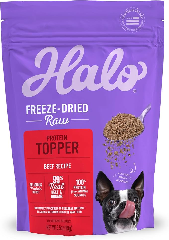 Halo Freeze Dried Raw Topper, Beef Protein Recipe, Freeze Dried Raw, Real Meat Topper, All Life Stages, 3.5-OZ Bag