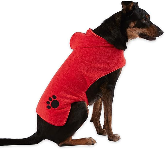 Bone Dry Pet Robe Collection, Embroidered Absorbent Microfiber Bath Robe with Adjustable Closure, for Dogs & Cats, Medium, Red