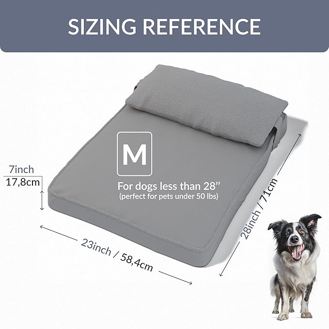 28"x 23" x 7" Washable Dog Bed with Square Pillow and Waterproof Cover, High Density Foam Scratch Proof Dog Bed Medium Size Dog with Orthopedic Support, Ultrasoft Breathable Pet Bed, Gray