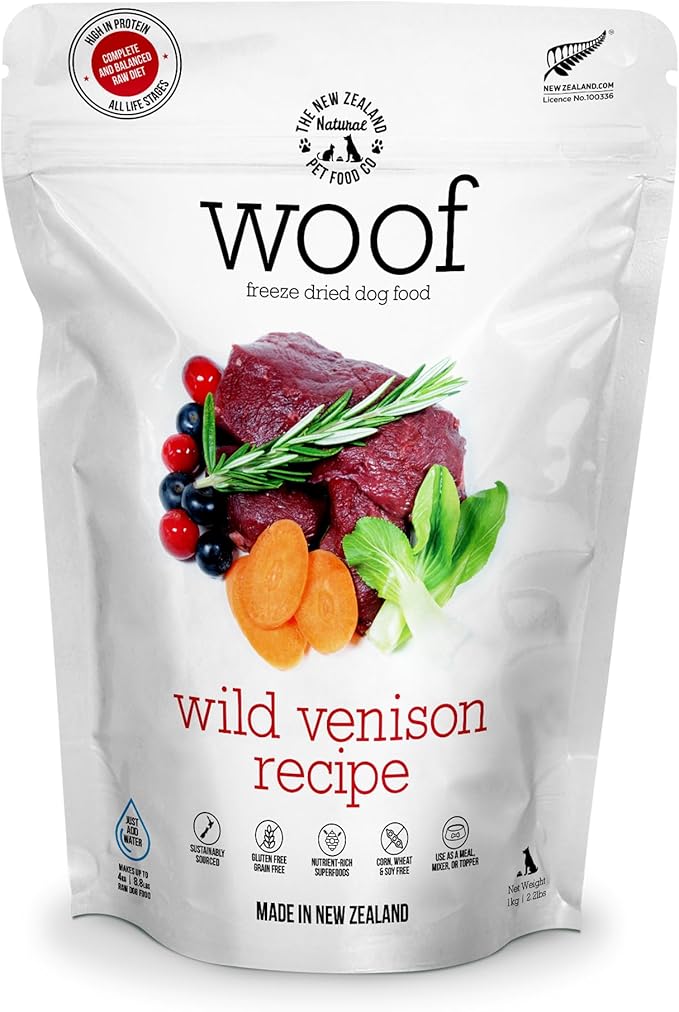 WOOF Freeze Dried Dog Food - Wild Venison Recipe,High Protein Dog Food Toppers, Freeze Dried Meals & Treats,2.2 lb