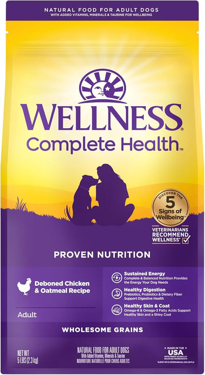 Wellness Complete Health Dry Dog Food with Grains, Natural Ingredients, Made in USA with Real Meat, All Breeds, For Adult Dogs (Chicken & Oatmeal, 5-Pound Bag)