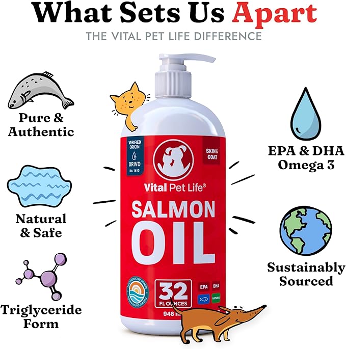 Salmon Oil for Dogs & Cats - Healthy Skin & Coat, Fish Oil, Omega 3 EPA DHA, Liquid Food Supplement for Pets, All Natural, Supports Joint & Bone Health, Natural Allergy & Inflammation Defense, 32 oz