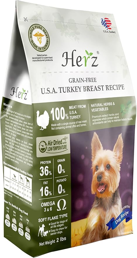 Herz Air-Dried Dog Food – U.S.A Turkey Breast Recipe 2 lb, Single Pure-Meat, Grain Free, All Natural, High Protein, Limited Ingredients