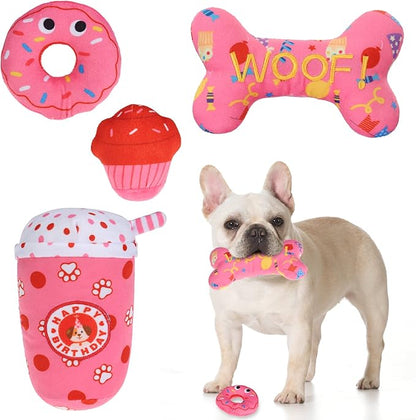 BINGPET Dog Birthday Toys,4 Pcs Plush Dog Squeaky Toys,Bone, Cupcake,Star Pups Coffee,Donut,Dog Toys to Keep Them Busy,Dog Chew Toys Gift for Small Medium Large Dogs