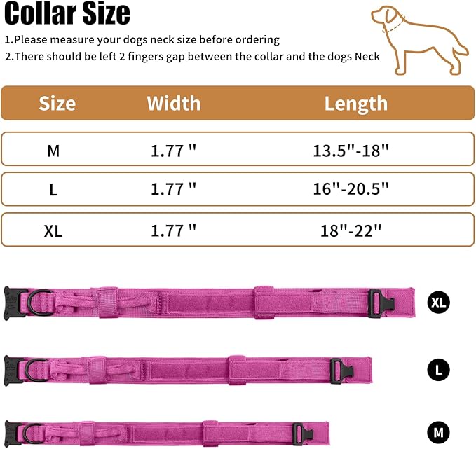 Tactical Dog Collar Heavy Duty Metal Buckle with Handle for Dog Training (Pink