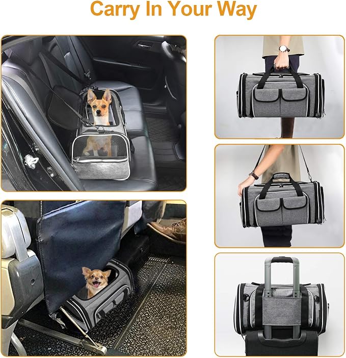 Estarer Soft Sided Pet Carrier Airline Approved, 4 Sides Expandable Collapsible Cat Carrier with Pockets & Removable Fleece Pad, Travel Carrier Bag for Cat Dog & Small Animals (Grey)