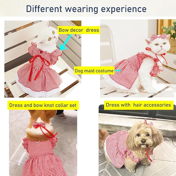 ANIAC Plaid Dog Dress with Leash Ring Girl Dog Clothes for Small Dog Bow Decor Red Cat Dress for Cat only Holiday Puppy Clothes for Chihuahua Yorkie Dachshund Pomeranian (2XL