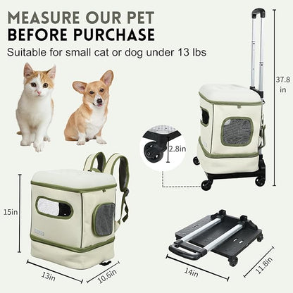 Cat Carrier with Wheels Airline Approved, Rolling Cat Backpack Wheeled Pet Carrier Backpack for Cats, Foldable Pet Travel Bag