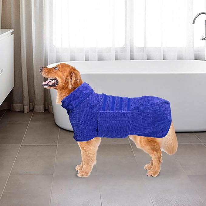 Geyecete Dog Bathrobe Towel Dog Drying Coat-Dry Fast Dog Bag-Pineapple Grid Fast Drying Super Absorbent Pet Dog Cat Bath Robe Towel-Blue-XL