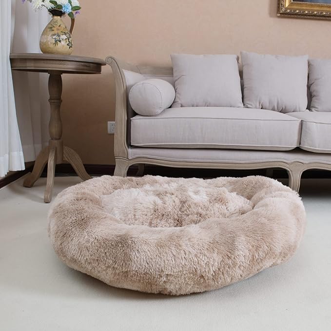 Oval Calming Donut Cuddler Dog Bed Bed(30"/36"/43") for (XL(36"x27"x7"), Beige2021)