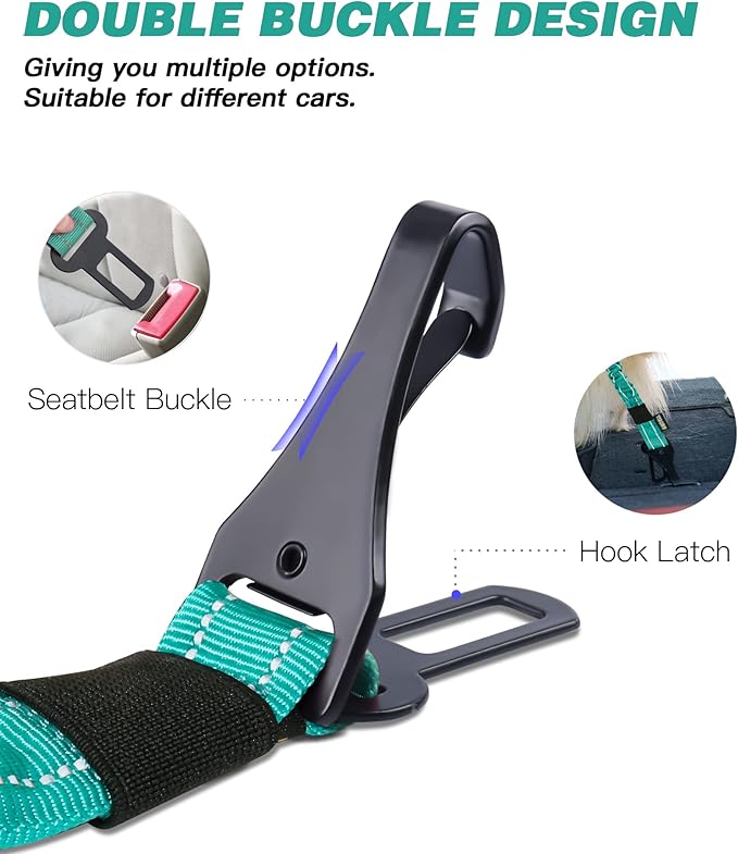 AUBELL Dog Seatbelt, Updated 3-in-1 Pet Car Seat Belt for Dogs, Bungee Dog Car Tether with Clip Hook Latch & Buckle, Heavy Duty Dog Car Harness with Swivel Aluminum Carabiner,Teal