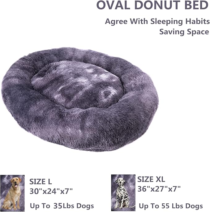 Oval Calming Donut Cuddler Dog Bed Bed(30"/36"/43") for (L(30"x24"x7"), Grey2021)