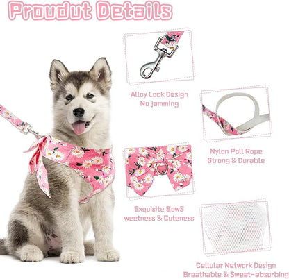 Dog Harness Vest Set for Small Girl Dogs with D-Ring Soft Comfortable Mesh Dog Harness Vest Pet Daisy Floral Bow Tie for Small Medium Large Dogs (Pink, XS)