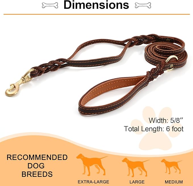 Guiding Star Double Handle Leather Dog Leash 6ft 6 Foot 5/8", Brown)