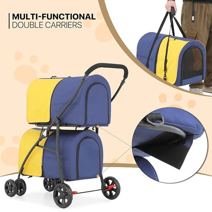 MoNiBloom Double Dog Stroller with Detachable Carrier Bags Large 4 Wheels Foldable Jogger for Small and Medium Dog Cats