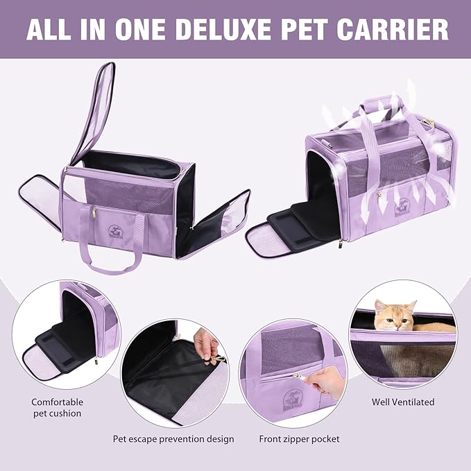 Luxury Pet Carrier for Dogs, Cats, Puppies - Airline TSA Approved, Durable Anti-Scratch Fabric, Soft-Sided, Consistent Airflow, Foldable Design, Cushion Pad, Travel (Lilac, Large)