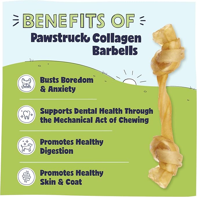 Pawstruck Natural Large Collagen Stick Barbells for Dogs - Vet-Approved Long Lasting Chew Alternative to Traditional Rawhide & Bully Sticks w/Glucosamine & Chondroitin - 6 Pack - Packaging May Vary