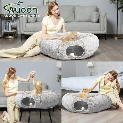 AUOON Cat Tunnel Bed with Central Mat,Big Tube Playground Toys,Soft Plush Material,Full Moon Shape for Kitten,Cat,Puppy,Rabbit,Ferret (Khaki)