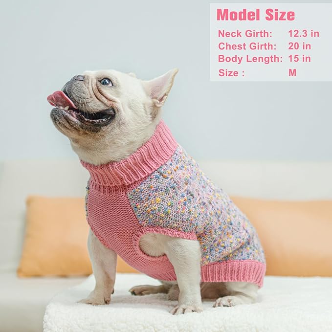 BEAUTYZOO Cable Knit Small Dog Sweater, Color Block with Fuzzy Thread Knitted Turtleneck Dog Knitwear with Dots in a Variety of Colors for Small Medium Dogs Fall Winter Dog Clothes, S Pink