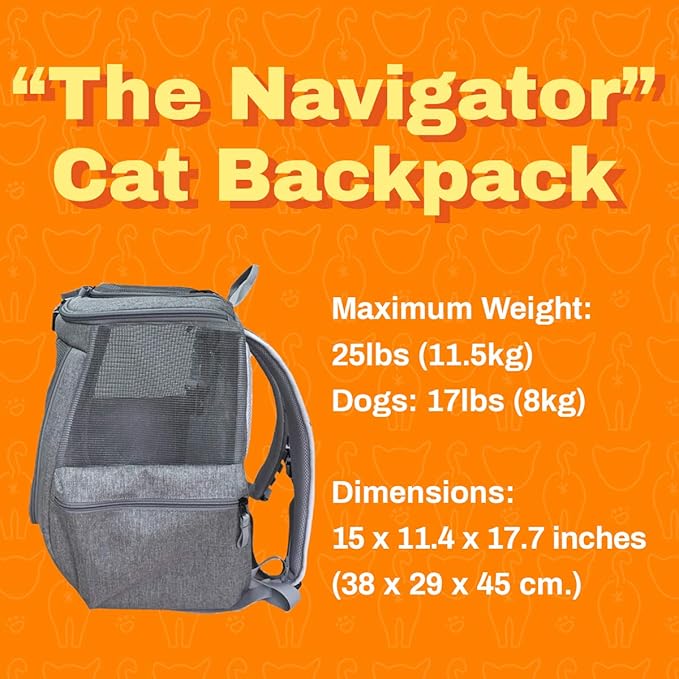 Travel Cat Navigator Carrier Bag - Premium Cat Backpacks for Carrying Cats, Travel, Hiking, Outdoor Use - Grey Mesh Backpacks for Small, Medium, Large Cats up to 25 LBS with Side Pockets, Zipper Clips