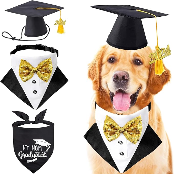 Pet Graduation Cap Dog Bandanas Collar Costume 3Pack Graduation Hat Triangle Scarf Grad Outfit Accessory for Dogs Cat Formal Tux Clothes with Bowtie Holiday Party Apparel (3PCS Gard Tux Set