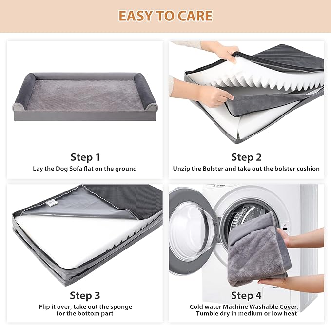 Orthopedic Dog Bed Washable Large Dog Bed Waterproof Dog Beds Large Sized Dog Couch Egg Foam Dog Crate Bed with Removable Bolsters & Nonslip Bottom 36" x 27" x 6", Grey