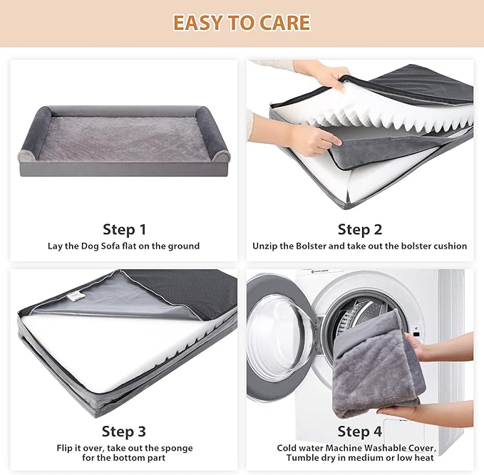Orthopedic Dog Bed Large Breed Waterproof Dog Bed Washable Dog Couch Egg Foam Dog Crate Bed with Removable Bolsters & Nonslip Bottom 53" x 36" x 8.5", Grey