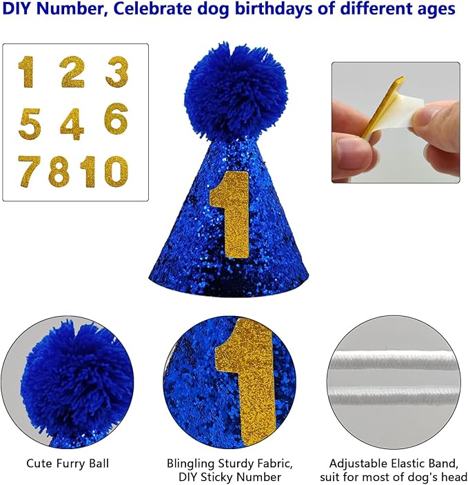 Dog Birthday Party Supplies, LMSHOWOWO Reusable Dog Birthday Bandana Set, Blingbling Dog Birthday Hat Bow Tie Numbers for Medium Large Dogs Pets Birthday Decorations (Blue, Large)