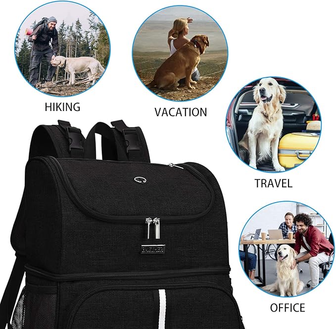 BAGLHER Pet Travel Bag, Double-Layer Pet Supplies Backpack (for All Pet Travel Supplies), Pet Travel Backpack with 2 Silicone Collapsible Bowls and 2 Food Baskets Black