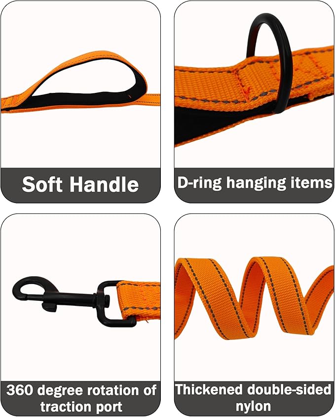 Solmoony 4FT Orange Strong Dog Leash with 2 Padded Handles 4FT)