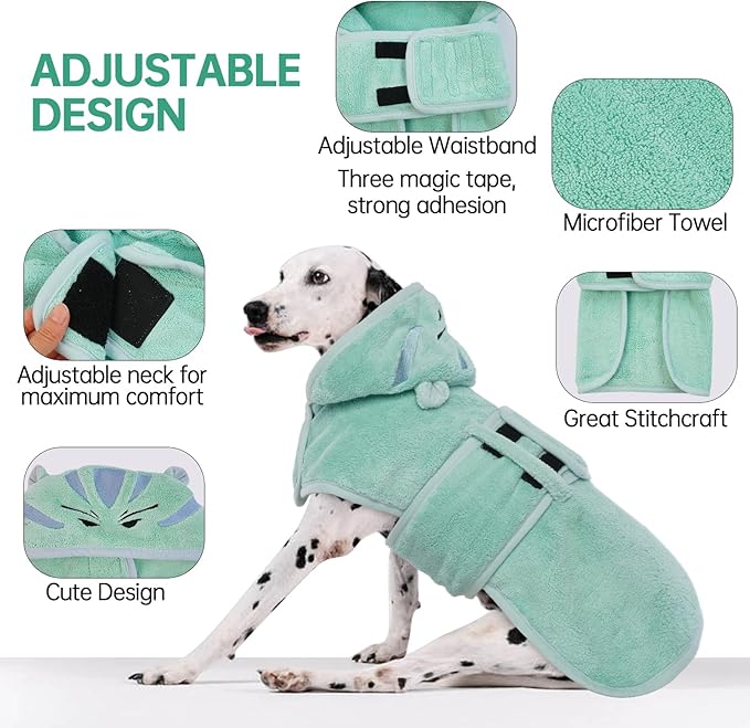 Dog Bathrobe Dog Drying Coat, Microfibre Material Fast Drying Super Absorbent Dog Bath Towel, Magic Sticker & Belly Strap, Dog Robes for After Bath Dog Bath Robe for Puppy Small Medium Large Dog Cat