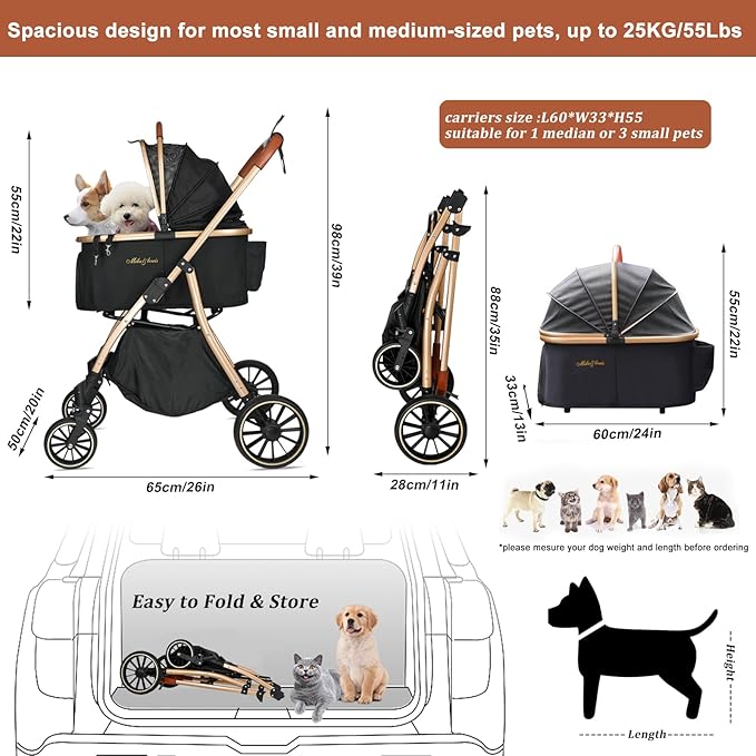 MILA&LOUIS 3 in 1 Folding Dog Stroller 4 Wheels 30lbs, Dog