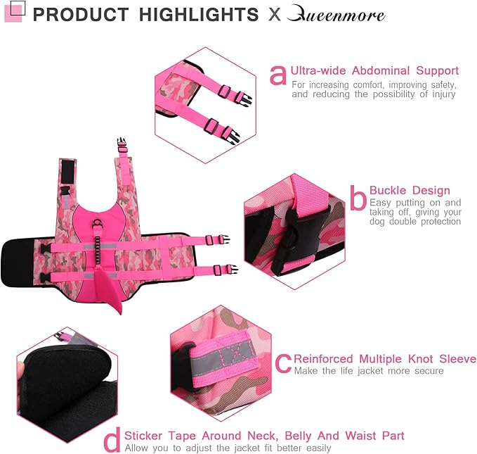 Queenmore Dog Life Jacket Ripstop Dog Shark Safety Vest Adjustable Preserver with High Buoyancy and Durable Rescue Handle for Small