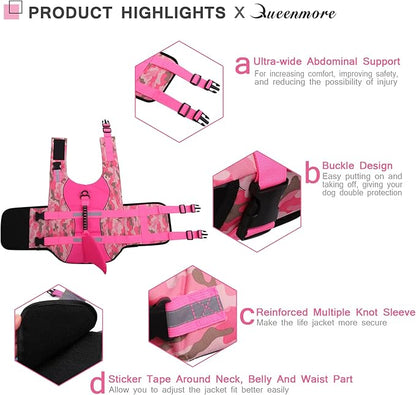 Queenmore Dog Life Jacket Ripstop Dog Shark Safety Vest Adjustable Preserver with High Buoyancy and Durable Rescue Handle for Small