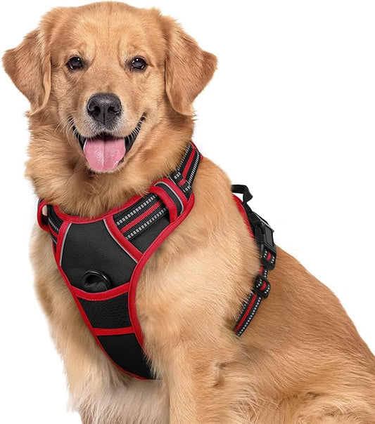 rabbitgoo Dog Harness, No-Pull Pet Harness with 2 Leash Clips, Adjustable Soft Padded Dog Vest, Reflective No-Choke Pet Oxford Vest with Easy Control Handle for Large Dogs, Black & Red, XL