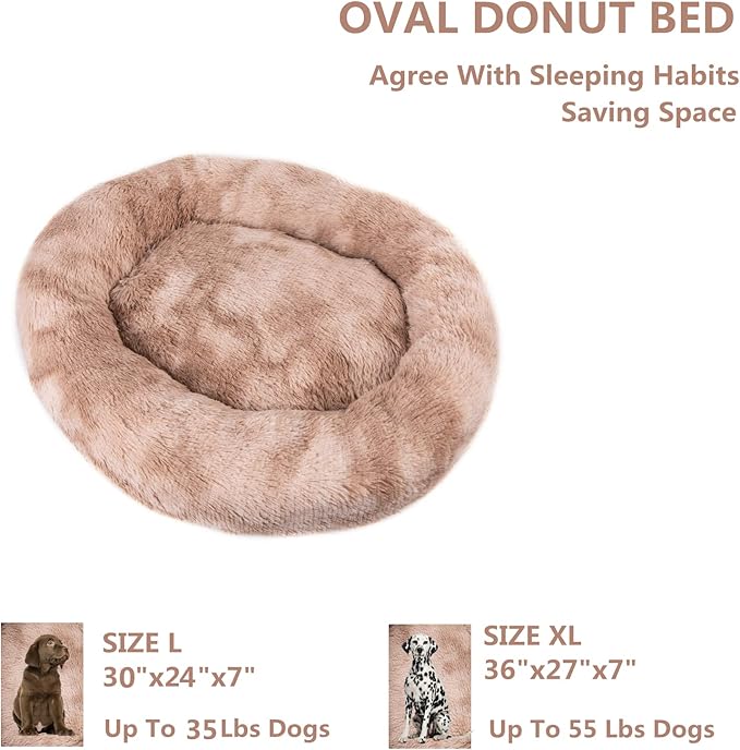 Oval Calming Donut Cuddler Dog Bed Bed(30"/36"/43") for (L(30"x24"x7"), Beige2021)