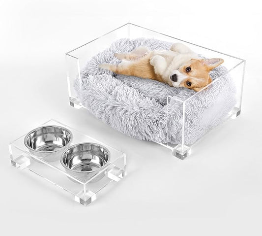 DBD2001A-2SET Billie 24" x 15.75" Small Modern Calming Fluffy Pet Bed with Washable Cushion and 4" Elevated Pet Feeder with 27 oz 2-Stainless Steel Bowls 2)