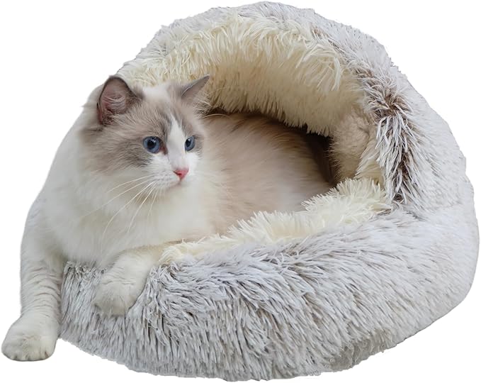 Calming Round Dog Beds &Cat Cave Bed with Hooded Cover 25.6X 25.6inch)