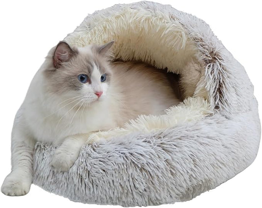Calming Round Dog Beds &Cat Cave Bed with Hooded Cover 25.6X 25.6inch)