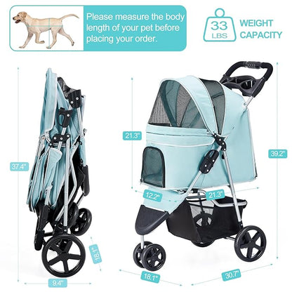 Pet Stroller for Medium Small Dogs and Cats 3 Wheels,