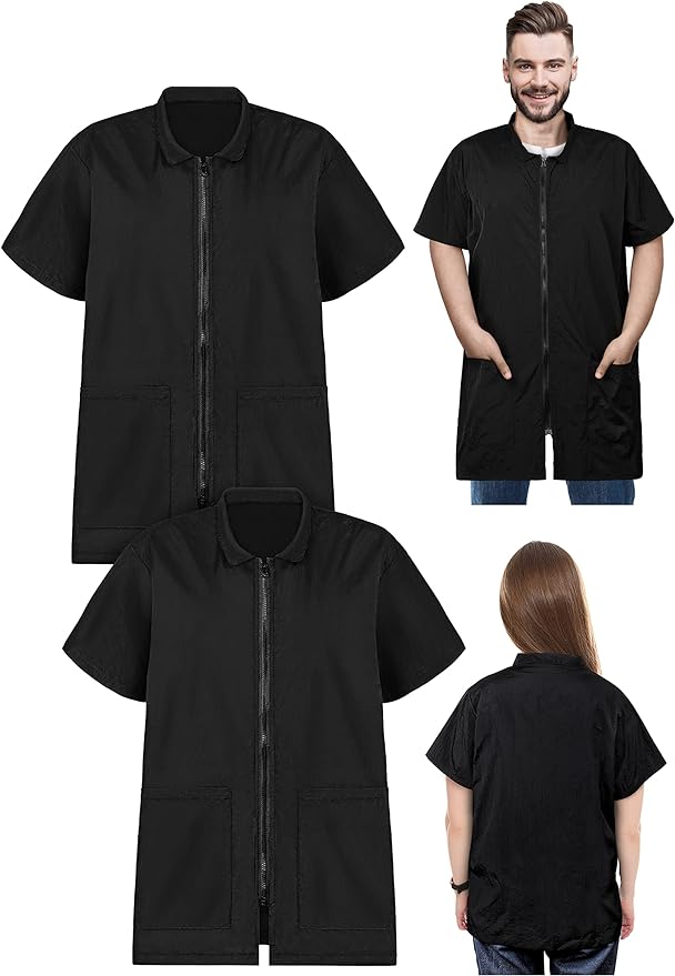 2 Pack Pet Grooming Work Clothes Water Resistant Pet Grooming Smock Workwear with Full Zipper Short Sleeves Pet Groomer Uniforms Black Pet Smock Clothes for Pet Shop Men Women