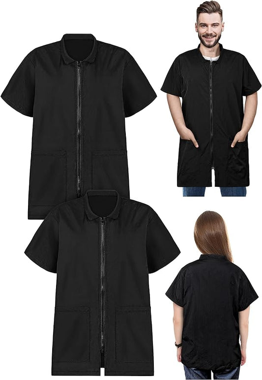 2 Pack Pet Grooming Work Clothes Water Resistant Pet Grooming Smock Workwear with Full Zipper Short Sleeves Pet Groomer Uniforms Black Pet Smock Clothes for Pet Shop Men Women