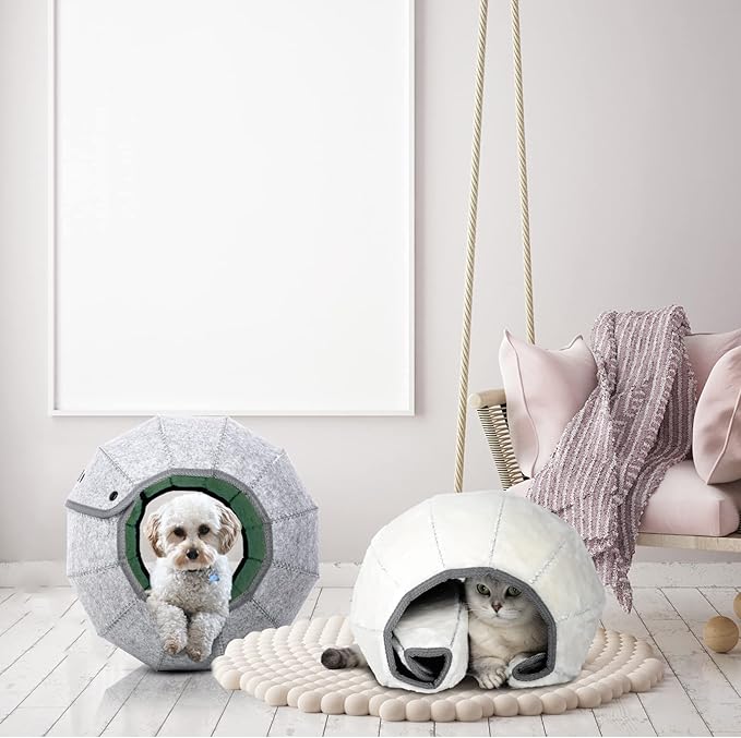 AMJ K·1 Cute Shell Cat Bed House Indoor, Cat Toys Ball Interactive - Soft Cat Cave & Foldable Pet Tunnel Tube Condos, as a Multi-Function Fun Toy Bed for Puppy Dogs & Cats (Off-White)