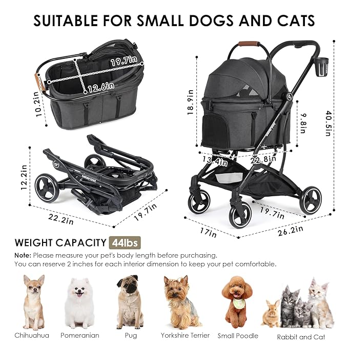 T3 Pet Stroller 3 in 1 Dog Cat Stroller for Small Medium Dogs Cats